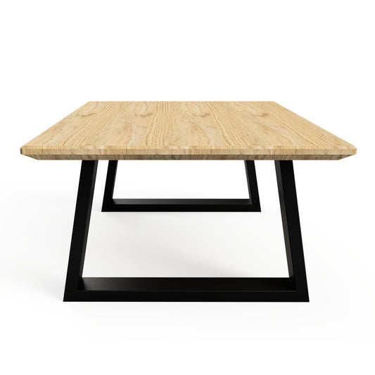 Wooden table with black metal coffee table legs are custom made here in Dawlish, Devon.