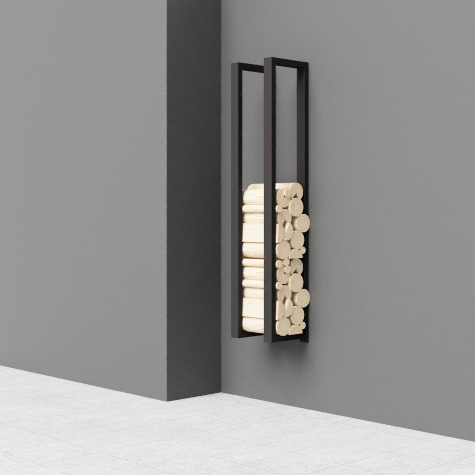 Wall mounted log store. A perfect solution to your indoor firewood storage ideas.
