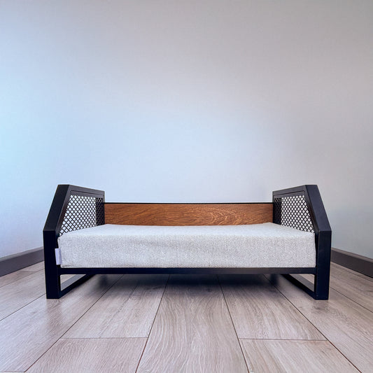 Luxury pet bed made in England.  Perfect blend of steel, oak and comfort for your pampered pooch.